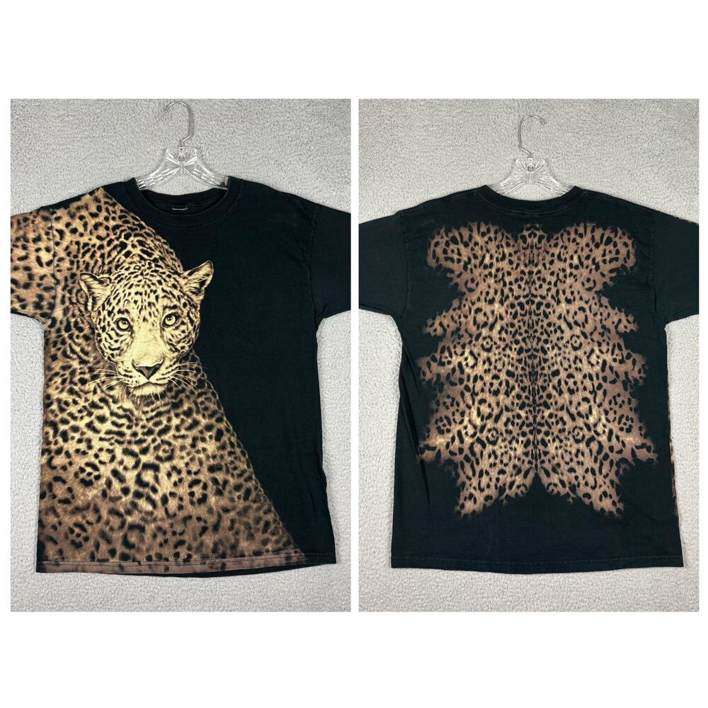 Vtg Radical Nature Leopard T-shirt Men's Large Black AOP Double Sided USA Made